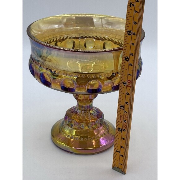 Kings Crown Indiana IRIDESCENT AMBER MARIGOLD Carnival Glass Candy Dish Compote - Picture 7 of 9
